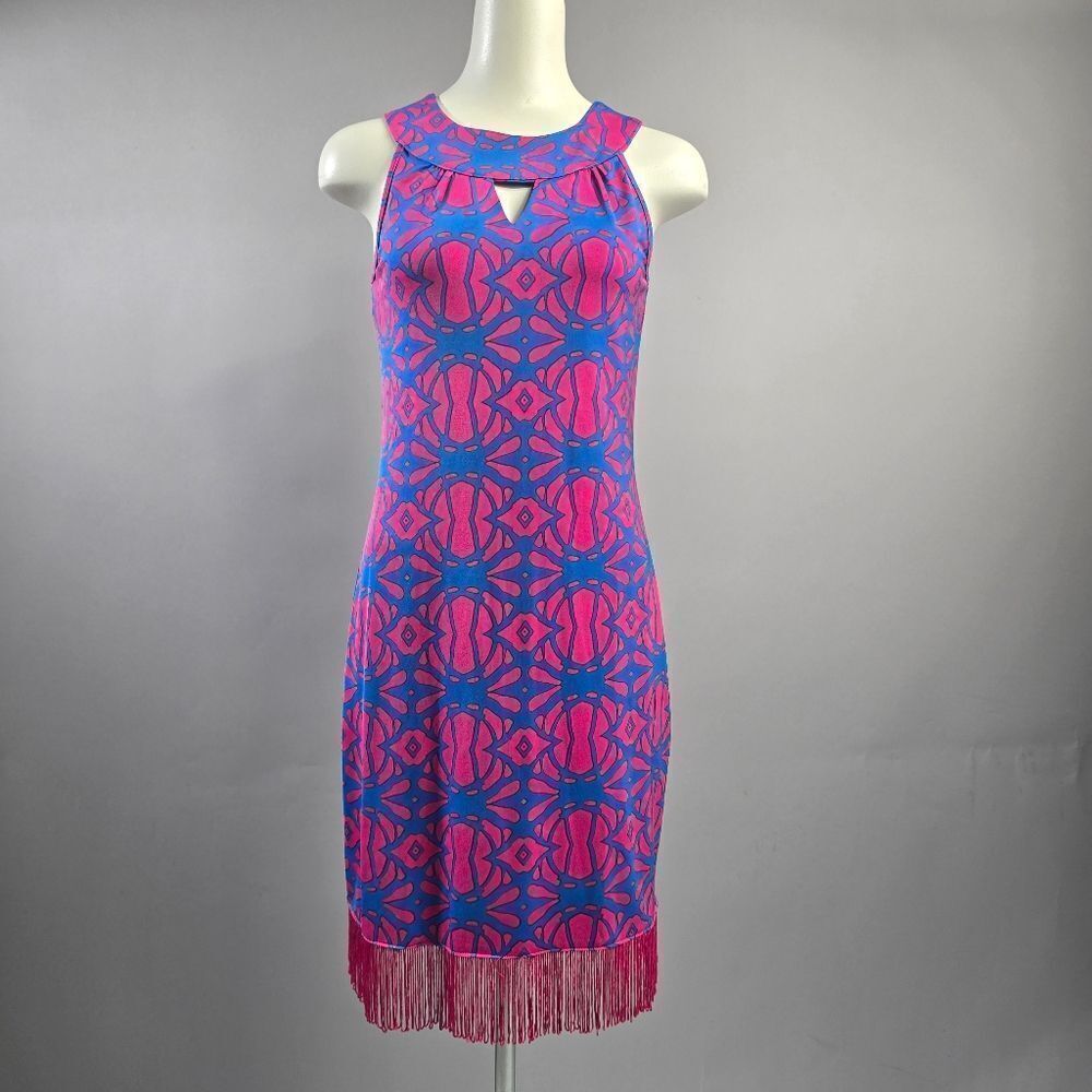 Tracy Negoshian Pink and Blue Geometric Midi Dress R8
